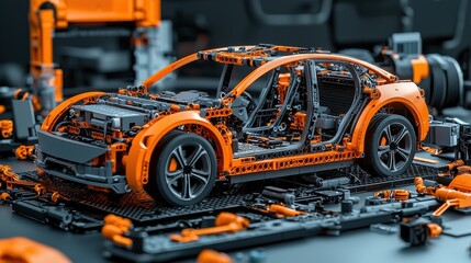 Fototapete - Analyzing copper wiring connections in ev battery bcdd standards close-up study in an automotive environment for technical insights