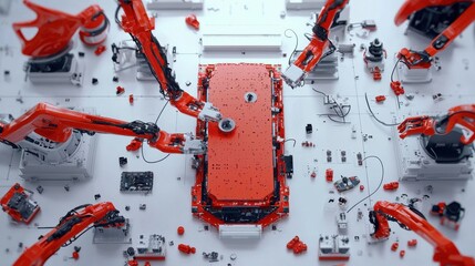 Fototapete - Automated machinery operating on factory floor industrial setting production process aerial view robotics in manufacturing for optimal efficiency