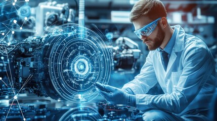 Fototapete - Lab technician examining electrolyte solutions for standardization in a high-tech laboratory environment from a scientific perspective