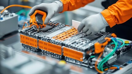 Poster - Technician assembling solid-state battery prototype standards in a high-tech lab environment for advanced energy solutions