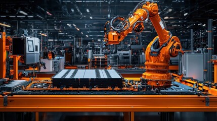 Poster - Automated conveyor line stacking battery cells for standardized production industrial facility technology insights manufacturing environment technical perspective automation efficiency
