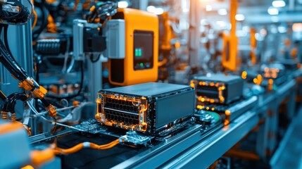 Aufkleber - Automated conveyor line for stacking battery cells at industrial facility enhancing efficiency in energy storage production