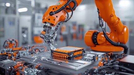 Fototapete - Automated machinery wrapping lithium-ion cells with i standard industrial facility technology overview high-tech environment precision engineering concept for enhanced efficiency