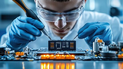 Poster - Assembling lithium-ion battery module industrial workshop close-up photography cleanroom environment focused perspective high-tech manufacturing process for enhanced battery efficiency