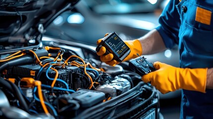 Fototapete - Engineers analyzing performance data of electric vehicle battery standards in automotive labs insights on efficiency and technology
