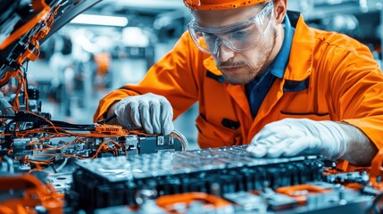 Fototapete - Scientists conduct testing on energy density of electric vehicle batteries at research facilities to establish standardization for optimal performance
