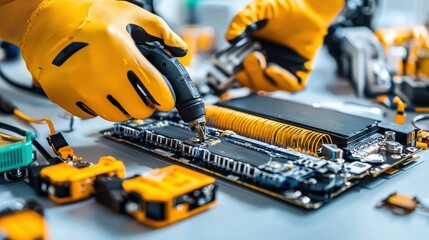 Leinwandbilder - Technicians assembling cylindrical cells for electric vehicles at manufacturing facility technical process overview industrial setting close-up perspective electric vehicle technology
