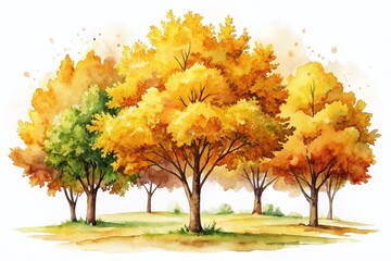 Wall Mural - A Vibrant Watercolor Illustration of Autumn Trees with Yellowing Foliage in Tilt-Shift Photography Style on a Clean White Background for Nature and Seasonal Themes