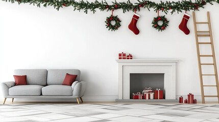 Sticker - A Christmas-decorated Scandinavian living room features a warm fireplace, a comfy chair with a blanket, and a festive garland