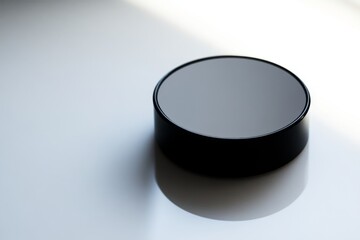 Wall Mural - a sleek round object sits gracefully on a reflective surface. its minimalist design captures light b