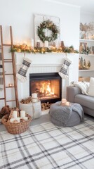 Sticker - A Christmas-decorated Scandinavian living room features a warm fireplace, a comfy chair with a blanket, and a festive garland