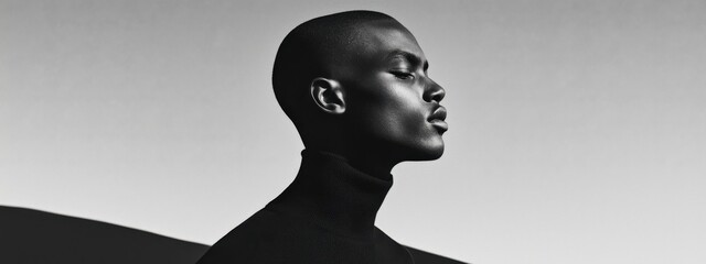 Black and White Profile Portrait of a Man in Minimalist Composition with a Calm Expression and Clean Gradient Background