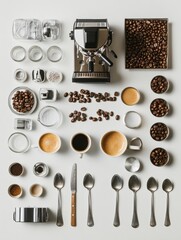 Leinwandbilder - Flat lay view of coffee beans, various cups, spoons, and a coffee maker arranged neatly, perfect for a cozy coffee moment or product display. Generative AI