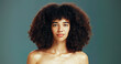 © peopleimages.com - Portrait, confident and woman with afro hair care, studio and treatment for wellness and health. Face, growth or proud girl model with beauty, volume and natural texture on green background in Brazil
