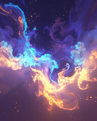 Wall Mural - celestial dance of blue and orange fractals under a starlit sky resembling a cosmic ocean