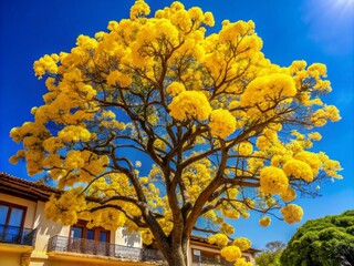 Wall Mural - Breathtaking Architectural Photography of Yellow Ipe Tree Branches Adorned with Vibrant Yellow Flowers Against a Clear Blue Sky, Showcasing Nature's Beauty in Urban Landscapes