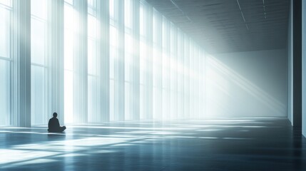Poster - A person sits alone on the floor of a spacious gallery, enveloped by light streaming through tall windows in a serene atmosphere. Generative AI
