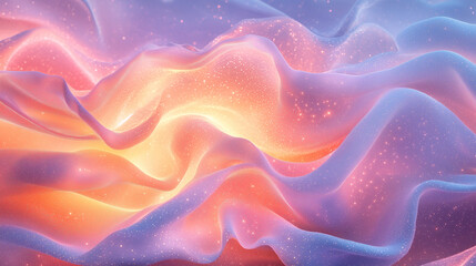 Wall Mural - ethereal abstract landscape of flowing waves in shades of pink, orange, and blue with sparkling dots