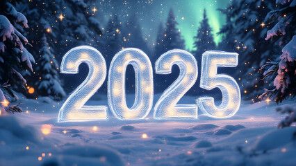 Wall Mural - A magical New Year’s Eve background set in a snowy forest under a starlit sky.