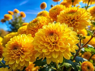 Wall Mural - Bright Yellow Chrysanthemums in Bloom: A Stunning Autumn Garden Scene for Greeting Cards, Wallpapers, and Banners on a Sunny Day