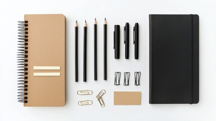 Poster - Office supplies such as pens, pencils, paper clips, sticky notes, and notebooks are neatly arranged on a clean surface ready for use. Generative AI
