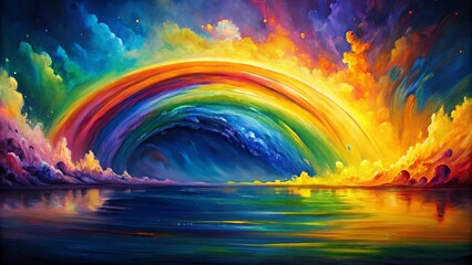 a celestial rainbow arching over a serene sea, reflecting the vibrant hues of the sky