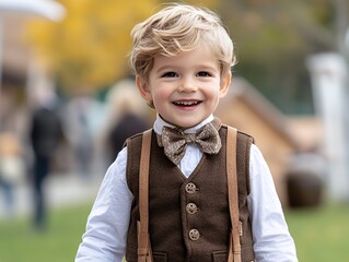 Wall Mural - Boy in traditional Austrian lederhosen standing proudly