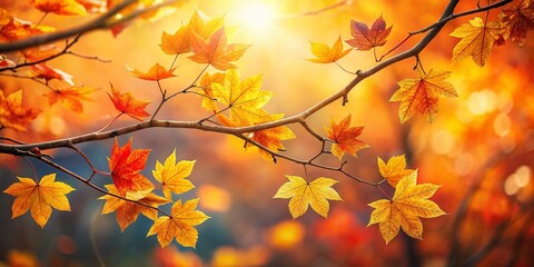 Wall Mural - Captivating Close-Up of a Beautiful Branch Adorned with Vibrant Orange and Yellow Leaves in Autumn Natural Setting Under Soft Sunlight