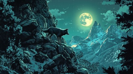 Sticker - Majestic Lone Wolf Underneath the Enchanting Full Moon: A Serene Night in the Snowy Mountains