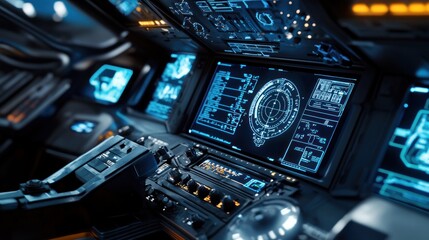 Futuristic spaceship cockpit with holographic displays and control panels.