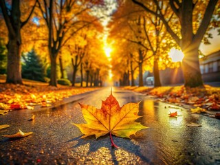 Wall Mural - Captivating Double Exposure of Autumn Street with Yellow Leaves and Close-Up View of Leaf on Road in Serene Fall Landscape