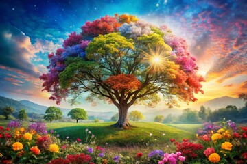 Wall Mural - Captivating Double Exposure of a Vibrant Tree and Colorful Flowers in a Serene Garden, Showcasing Nature's Tranquility and Beauty in Perfect Harmony