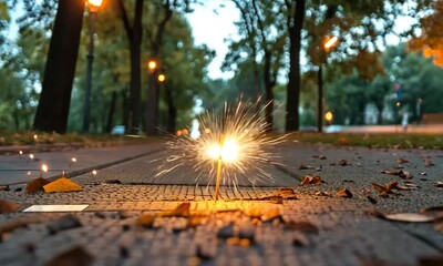 Canvas Print - Sparkling fireworks on a path surrounded by trees in autumn.