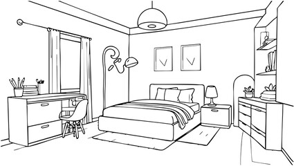 Wall Mural - Children's room graphic. Black white interior sketch illustration vector