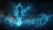 © djatu - Glowing energy human figure walking in space nebula.