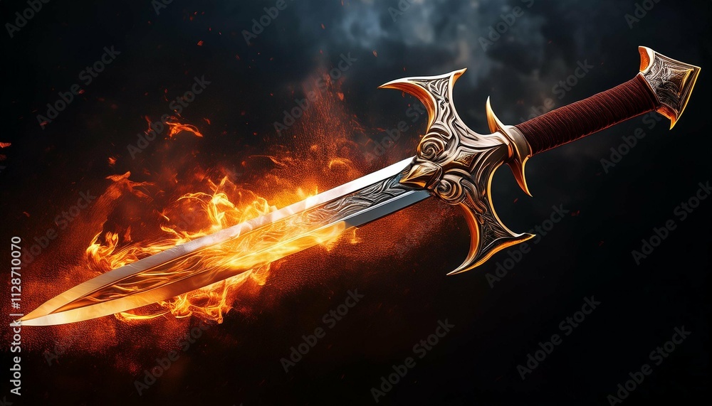 dynamic image of a fiery sword with a blazing aura symbolizing power ...