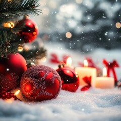 Wall Mural - Red Christmas ornaments, candles, and pine branches in snowy winter scene.