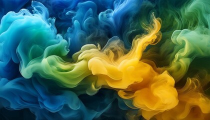 Wall Mural - abstract dancing colorful fume background clouds of smoke blue green and yellow a whirlwind of paints