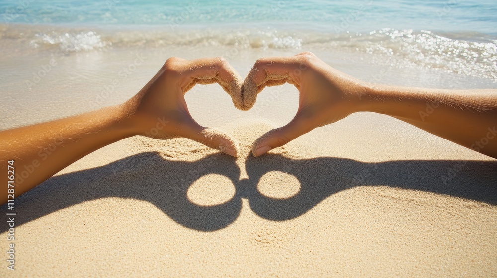 Two hands making love heart shadow symbol on the sand at the beach ...