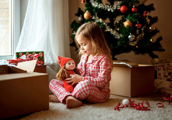 Wall Mural - A little girl in her pajamas unwrapping Christmas presents the morning after the holiday. She holds a doll in her hands