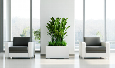 Wall Mural - A white and black chair is placed in front of a large potted plant