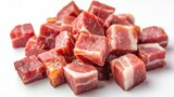 Smoked pork bacon cubes on white background