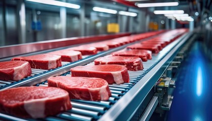 an orderly array of raw red steaks lines a conveyor in a cool, industrial setting, highlighting prec