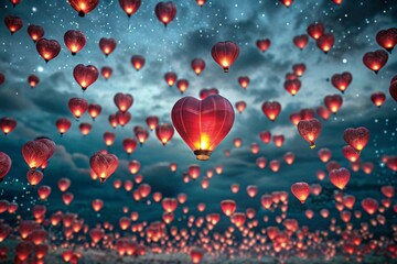 Poster - A banner for Valentine's Day. Abstract background. Beautiful, bright, red heart-shaped sky lanterns in the night sky.