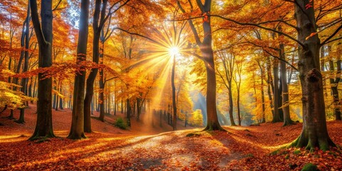 Wall Mural - Captivating Long Exposure of an Autumn Forest Bathed in Warm Sunlight with Vibrant Falling Leaves Creating a Magical Atmosphere of Nature’s Seasonal Beauty
