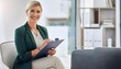© Marko - Woman, therapist portrait and checklist for counselling, help and clipboard for support in office. Psychologist, healthcare for mental health consultation