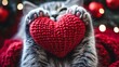© atipong - A red knitted heart in the paws of a cat A postcard with a gray fluffy cat for Valentines Day Festive background with a cat copy space