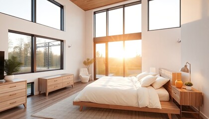 modern bedroom interior design with clean lines, large windows, light wood furnishings, natural light streaming in softly during sunrise