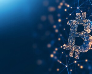 Aufkleber - Illuminated Bitcoin Symbol in a Dynamic Blockchain Network on Digital Blue Background
