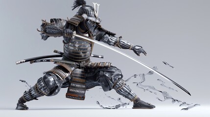 Wall Mural - A samurai warrior in full armor is in a battle stance with his katana drawn.